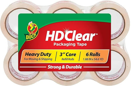Duck HD Clear Packing Tape Dispenser Heavy Duty Packaging Tape Gun for Packing Boxes, Shipping and Moving - Includes 1 Refill Roll of HD Clear 1.88 In. x 50 Yards - Foam Handle (287398)