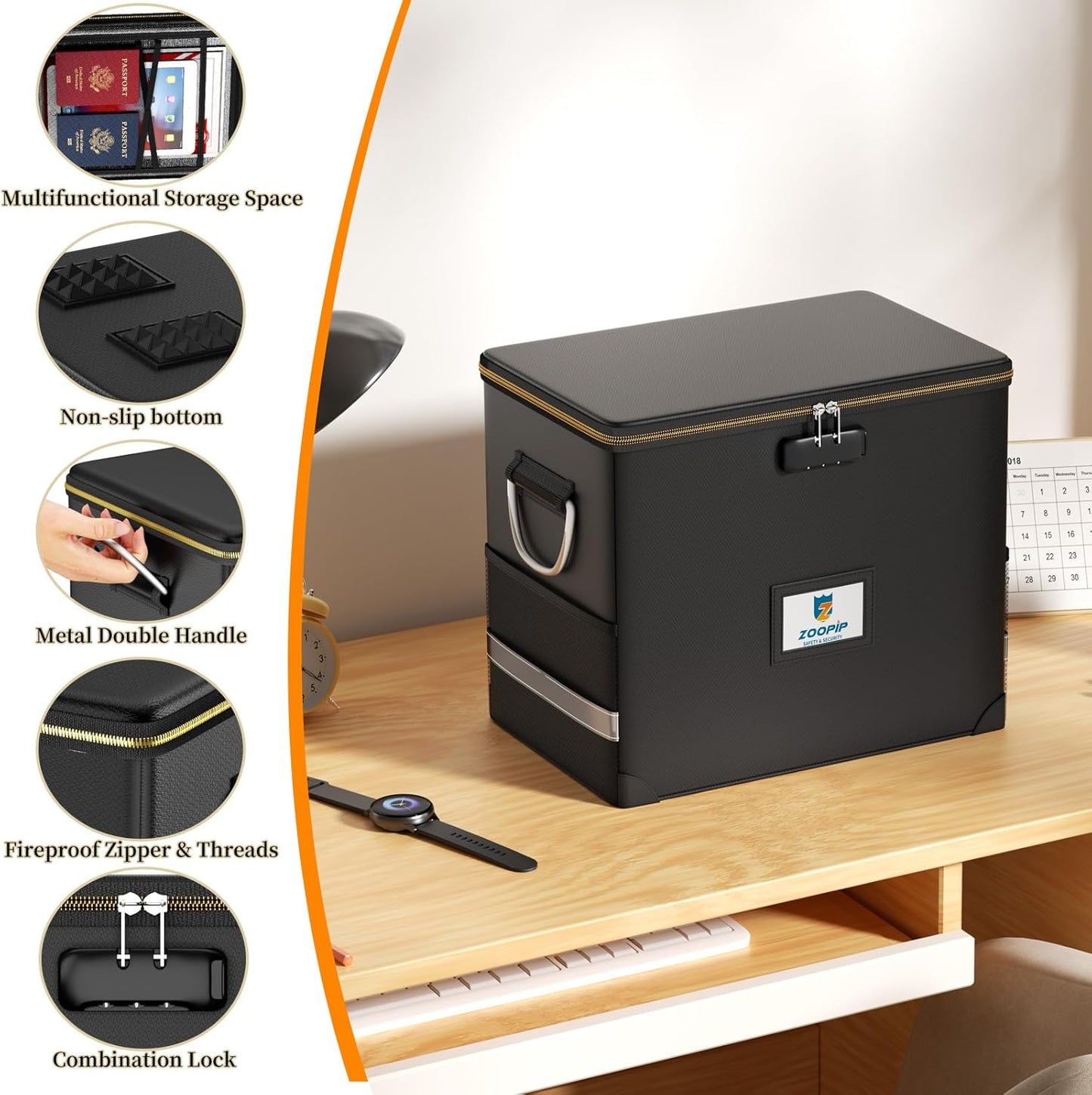 Fireproof File Box with Lock, Document Box Storage Organizer, Suitable for Hanging File Folders in Letter Size, Collapsible File Box, Reflective Strip for Fast Find (12.2"*6"*10.2, Black)