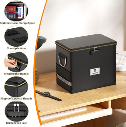 Fireproof File Box with Lock, Document Box Storage Organizer, Suitable for Hanging File Folders in Letter Size, Collapsible File Box, Reflective Strip for Fast Find (12.2"*6"*10.2, Black)