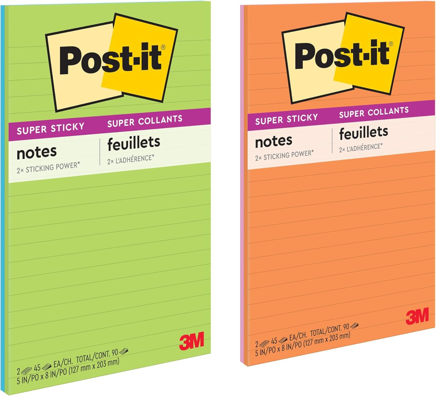 Post-it Super Sticky Notes, 2 Lined Sticky Note Pads, 5 x 8 in., School Supplies, Office Products, Notes for Vertical Surfaces, Monitors, Walls and Windows, Energy Boost Collection, Colors Will Vary