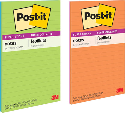 Post-it Super Sticky Notes, 2 Lined Sticky Note Pads, 5 x 8 in., School Supplies, Office Products, Notes for Vertical Surfaces, Monitors, Walls and Windows, Energy Boost Collection, Colors Will Vary