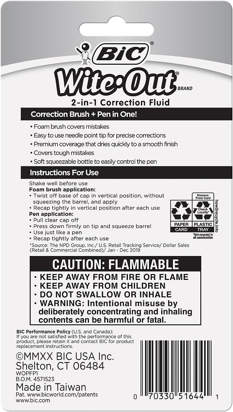 BIC WOPFP11 Wite-Out 2-in-1 Correction Fluid, 15 ml Bottle, White