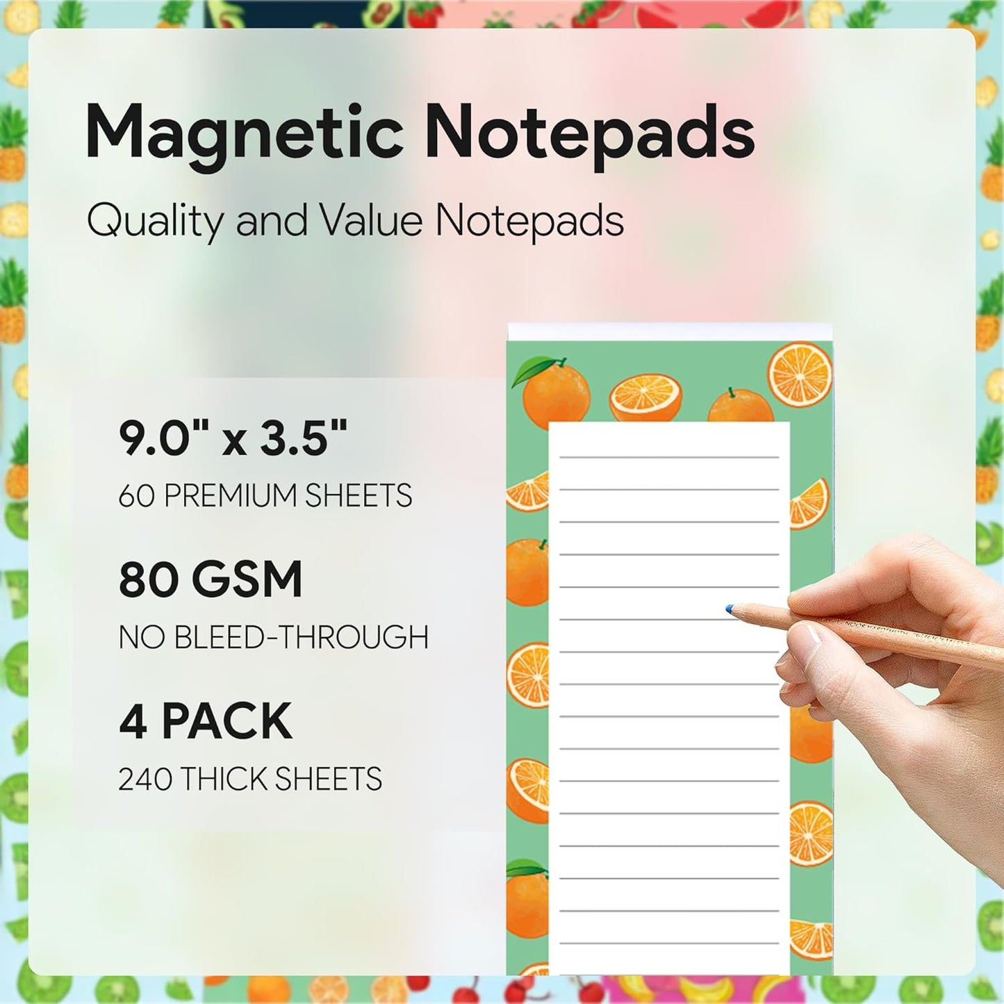 8 Magnetic Notepads – Notepads for Grocery List, Shopping List, To-Do List, Reminders -Strong Magnetic Back- Memo Notepad with Realistic Fruit Designs | 25 Sheets per Pad 7.5 x 3.5 inch (8 Pack)