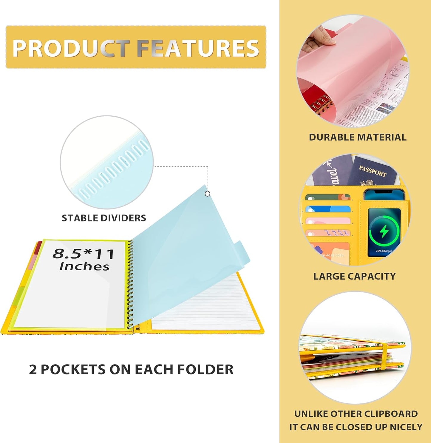 Ospelelf Clipboard with Storage for Women, Leather Padfolio Portfolio Organizer 5 Folders with 10 Pockets, Spiral Clipboard Folio with Notepad for Letter Size, Elastic Closure and Pen Loop Floral