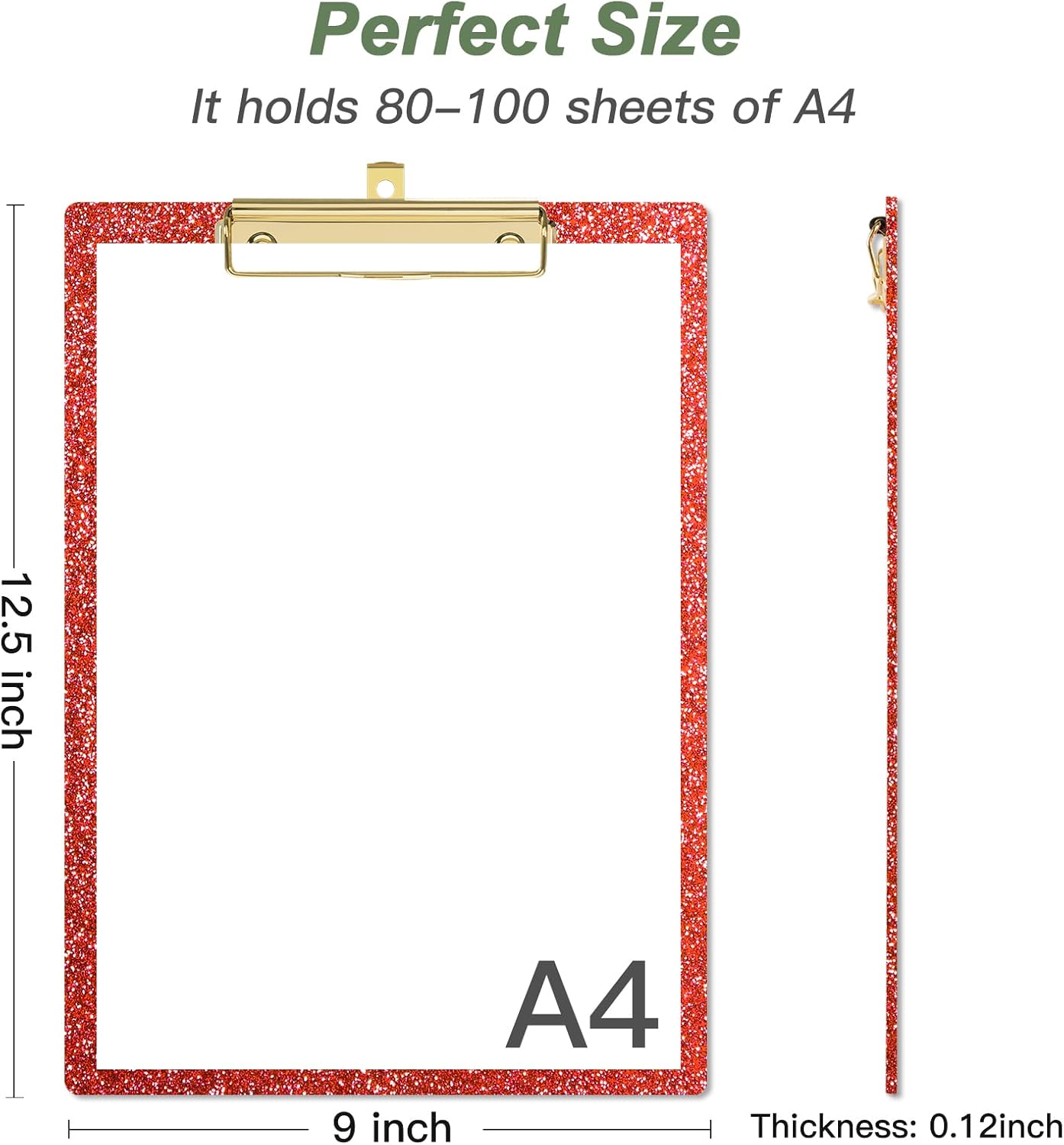 Rimilak Acrylic Glitter Clipboards, Sparkly Board with Low Profile Gold Clip, Designed for Classroom School and Office Use, A4 Letter Size 9 x 12.5 in, Pink