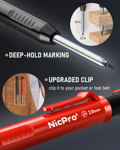 Nicpro Carpenter Pencil with Sharpener, Mechanical Pencils Set with 26 Refills, Deep Hole Marker for Construction, Heavy Duty Woodworking Tools for Architect (Black, Red) - With Case