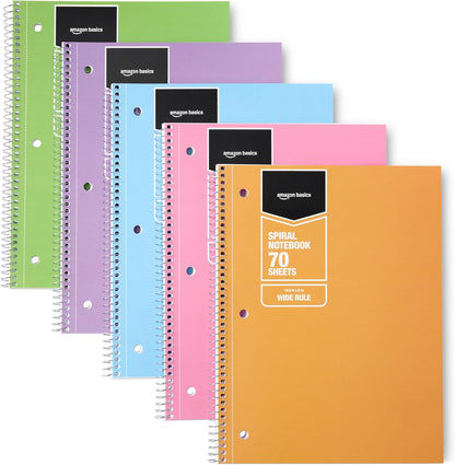 Amazon Basics College Ruled Spiral Notebook, For Work and School, 70 Sheets, 8" x 10.5", Assorted Solid Colors, 5 pack