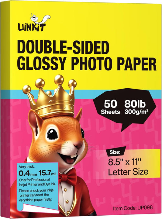 Uinkit 100 Sheets 8.5x11 Letter Size Thick Heavyweight Photo Paper Double Sided Glossy Cardstock 80LB 300Gsm 15.7Mil Brochure, Only for professional Inkjet Printer and Dye Ink (100)