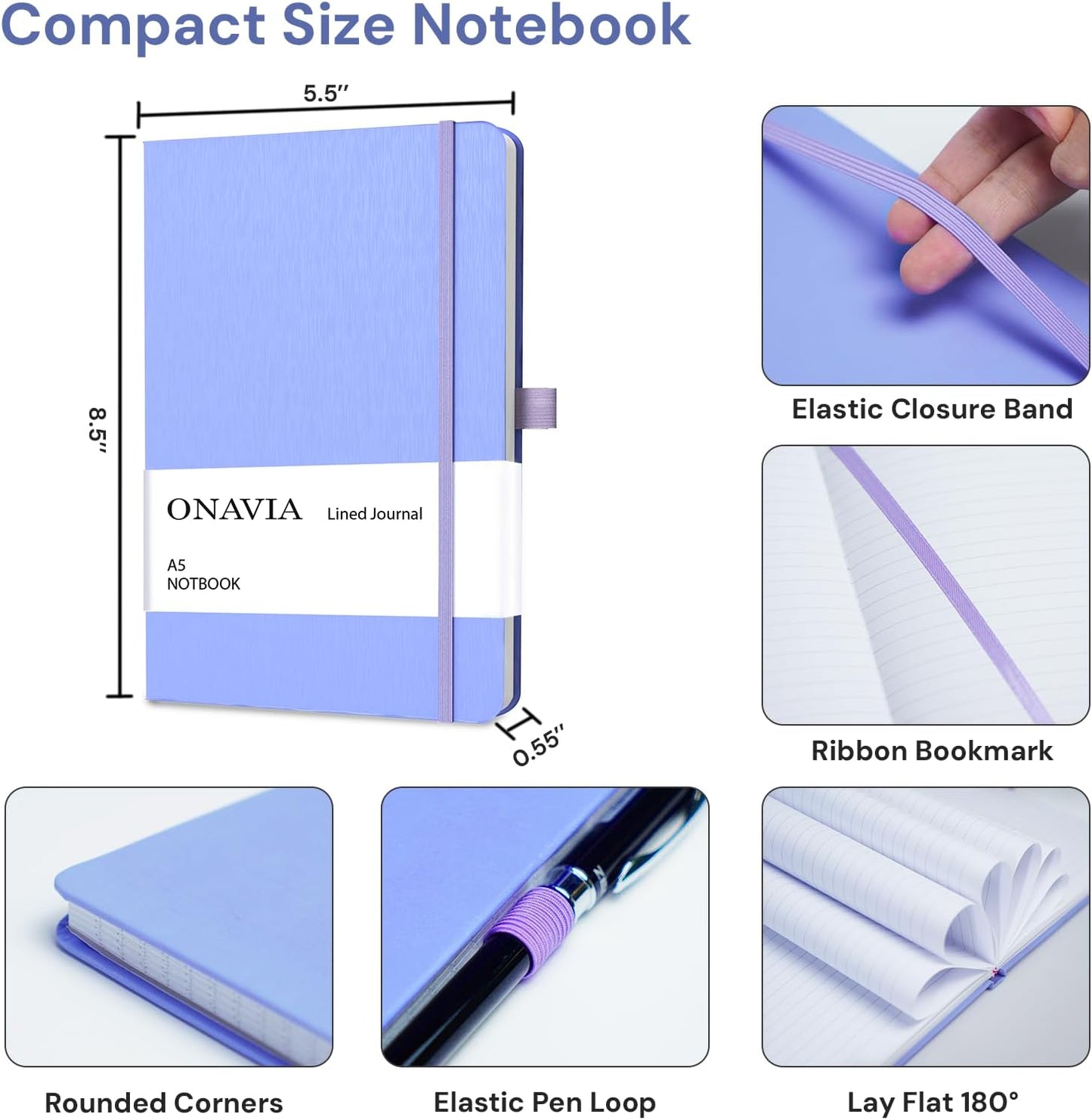 ONAVIA A5 College Ruled Notebook 3 Pack, Hardcover Lined Journals for School Notes, Study, Homework, Class Writing and Journaling, 160 Pages (80 Sheets), 5.8 x 8.3 in, Pink