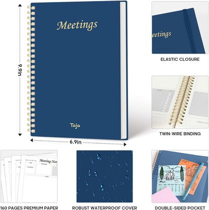 Taja Meeting Notebook for Work Organization - Work Planner Notebook with Action Items, Agenda Planner for Note Taking, 160 Pages (6.9" X 9.9") Project Organizer for Men & Women - Blue