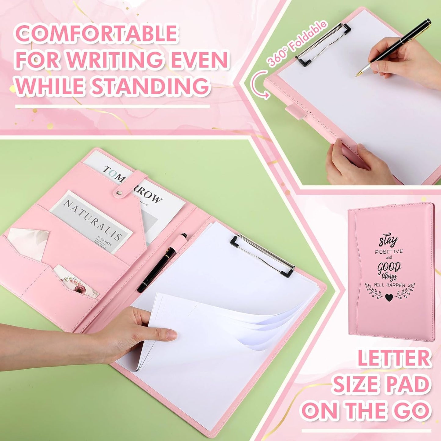 Marspark Pink Padfolio with Clipboard Folder Binder Pad Holder PU Leather Clipboard for A4 Letter Size Notepad Writing Pad for Women School Office Business Meeting