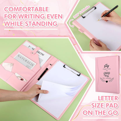 Marspark Pink Padfolio with Clipboard Folder Binder Pad Holder PU Leather Clipboard for A4 Letter Size Notepad Writing Pad for Women School Office Business Meeting