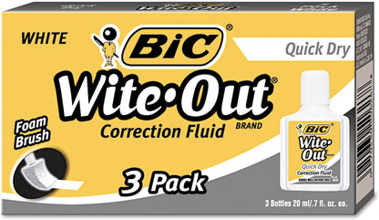 BIC WOFQD324 Wite-Out Quick Dry Correction Fluid, 20 ml Bottle, White, 3/Pack