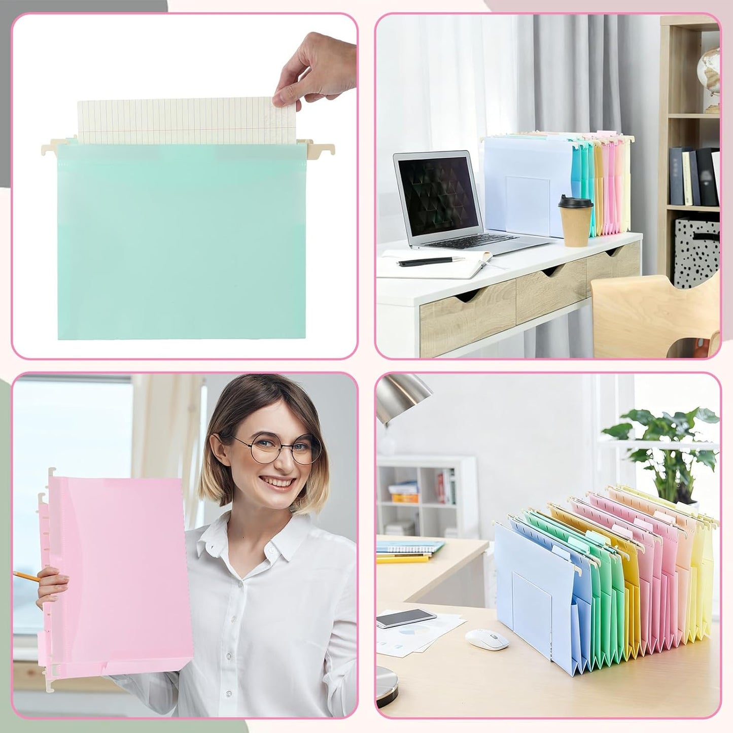 8Pack Plastic 4" Expanding Extra Capacity Hanging File Folder Heavy Duty Letter Size 11.8 x 9.4 inches Filing Cabinet Organizer Accordian Pocket for Legal Office Files Document (Morandi)