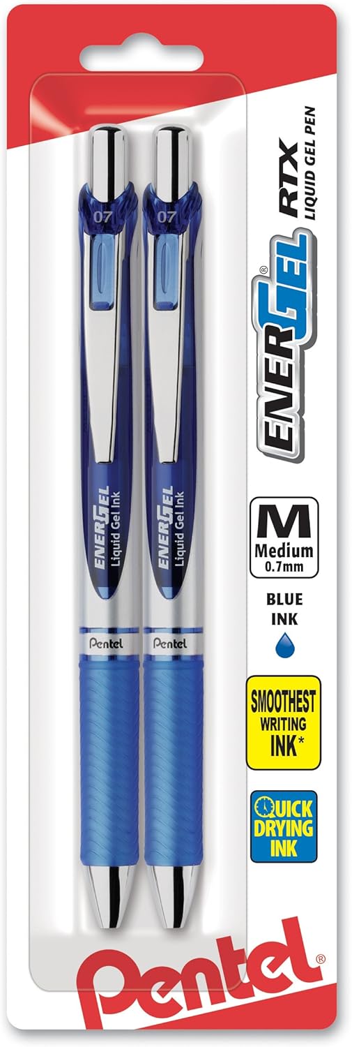 Pentel EnerGel RTX Retractable Liquid Gel Pen, Medium Line, Metal Tip, Pink/Violet Ink, 2-Pack (BL77BP2PV)