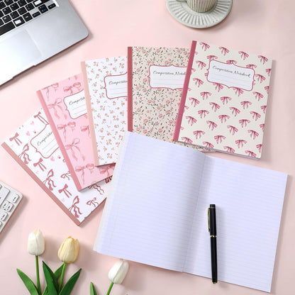 Fullhawl 6 Pcs Bow Composition Notebooks, Preppy Coquette Notebook College Ruled Journal, 110 Page, Cute Back to School Gift for Teacher, Student, First Day of Schooll(Pink,9-3/4 x 7-1/2")