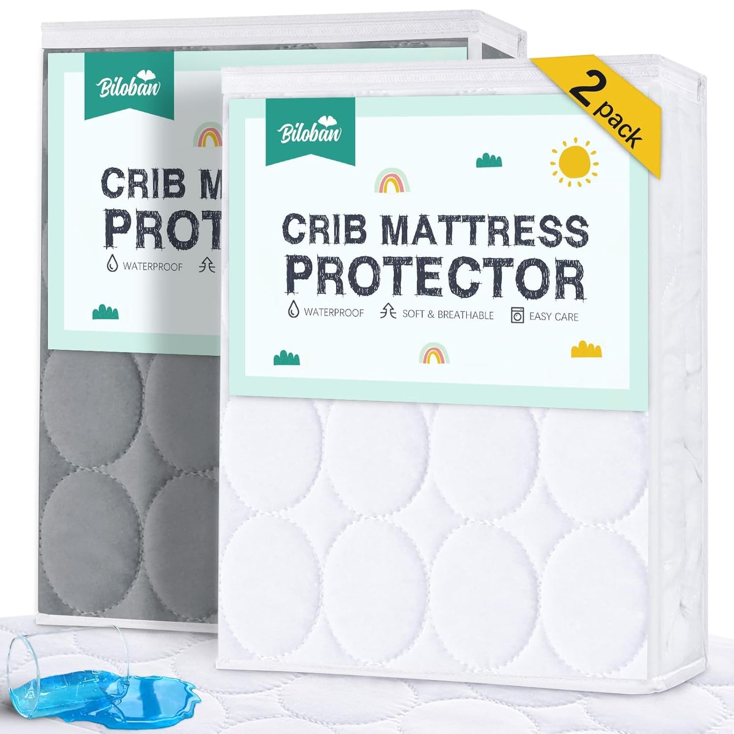 Crib Mattress Protector Sheets Waterproof 2 Pack, Quilted Crib Mattress Pad Cover Fitted Fits for Toddler Bed Mattress, White, 52” x 28”