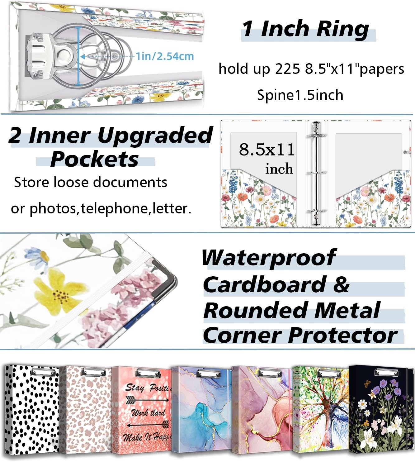 3 Ring Binder 1 Inch, Three Ring Binders Organizer with Clipboard, 5-Tabs Pockets Dividers, Plastic Folder, 18 Divider Stikers, BVSSX Pretty Binder with Pen Loop (Black Weeds, Letter Size)