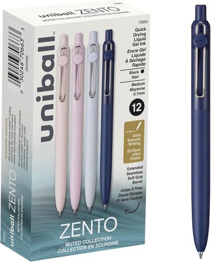 uni-ball Zento Gel Ink Rollerball Pens, 4 Black Medium Point Smooth Writing Pens, Colored Japanese Pens, Muted Colors