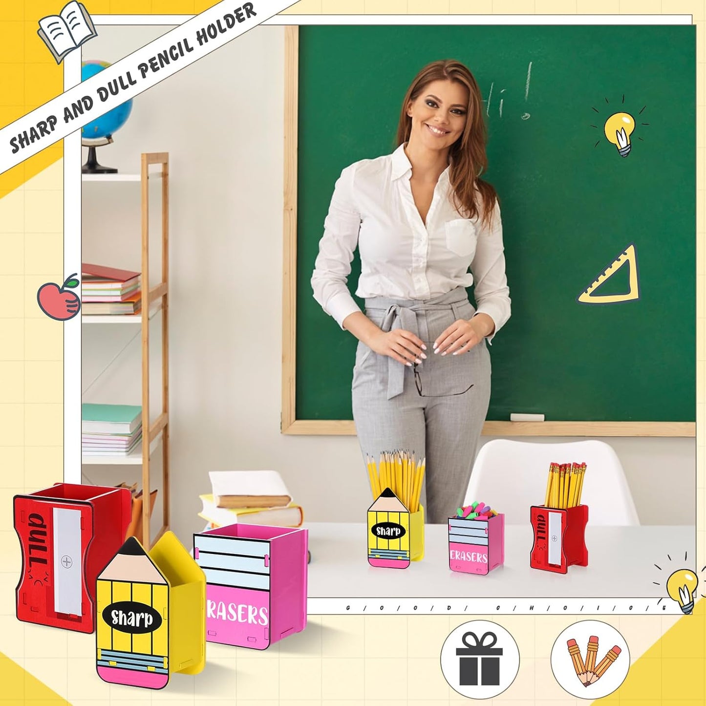 AmazingSpark 3 Pcs Pencil Shaped Holder Sharp and Eraser and Dull Holder Wooden Dispenser Pencil Storage Organizer for Back to School Management Organization (Classic)