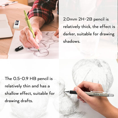 Nicpro 6PCS Art Mechanical Pencil Set, 3PCS Metal Drafting Pencil 0.5 mm & 0.7 mm & 0.9 mm & 3PCS 2mm Graphite Lead Holder (2B HB 2H) For Writing, Sketching Drawing With Lead Refills Case