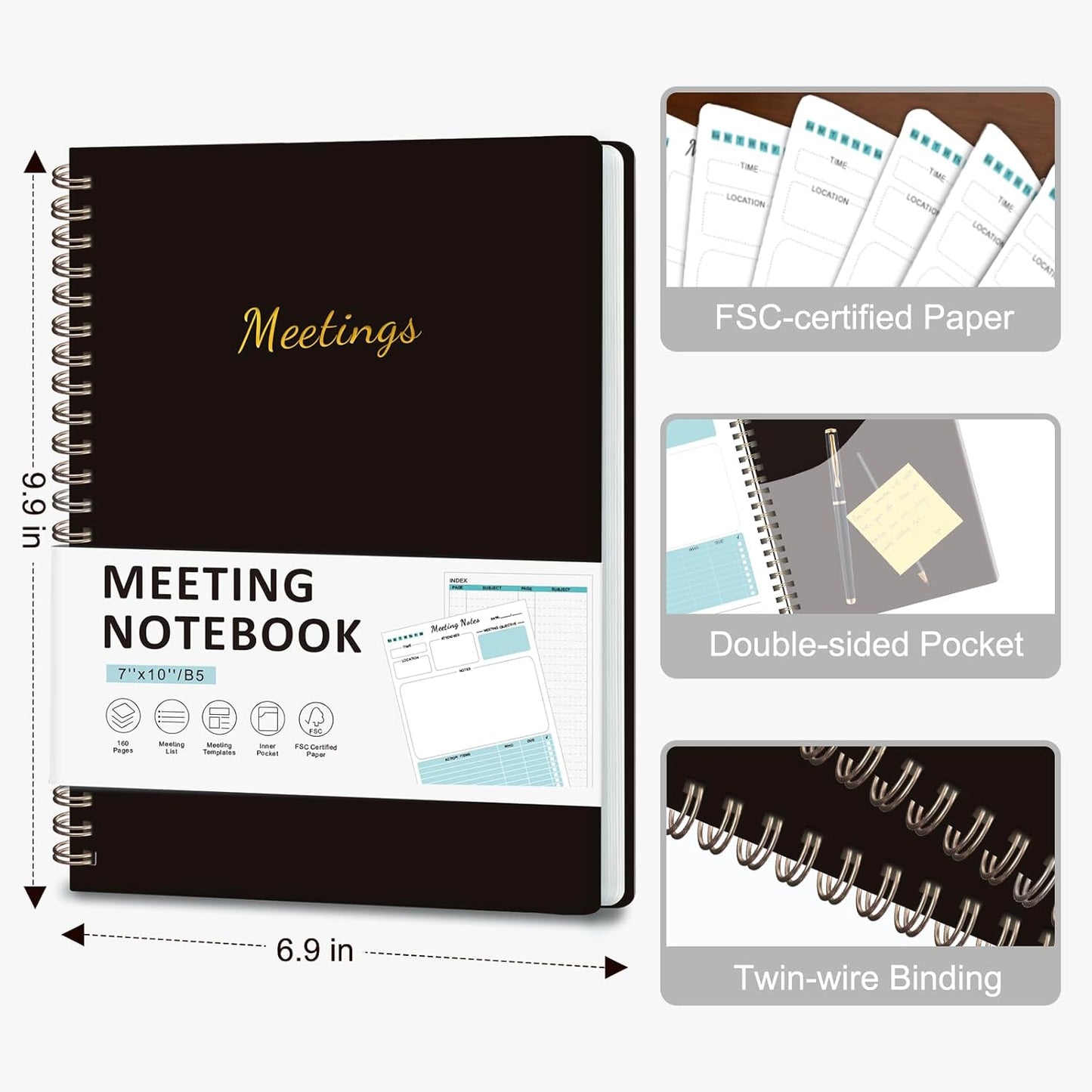 Meeting Notebook for Work Organization, Work Planner Notebook with Action Items, Project Agenda Planner for Note Taking, 160 Pages (6.9" X 9.9"), Perfect Office School Business Supplies for Women & Men(Blue)
