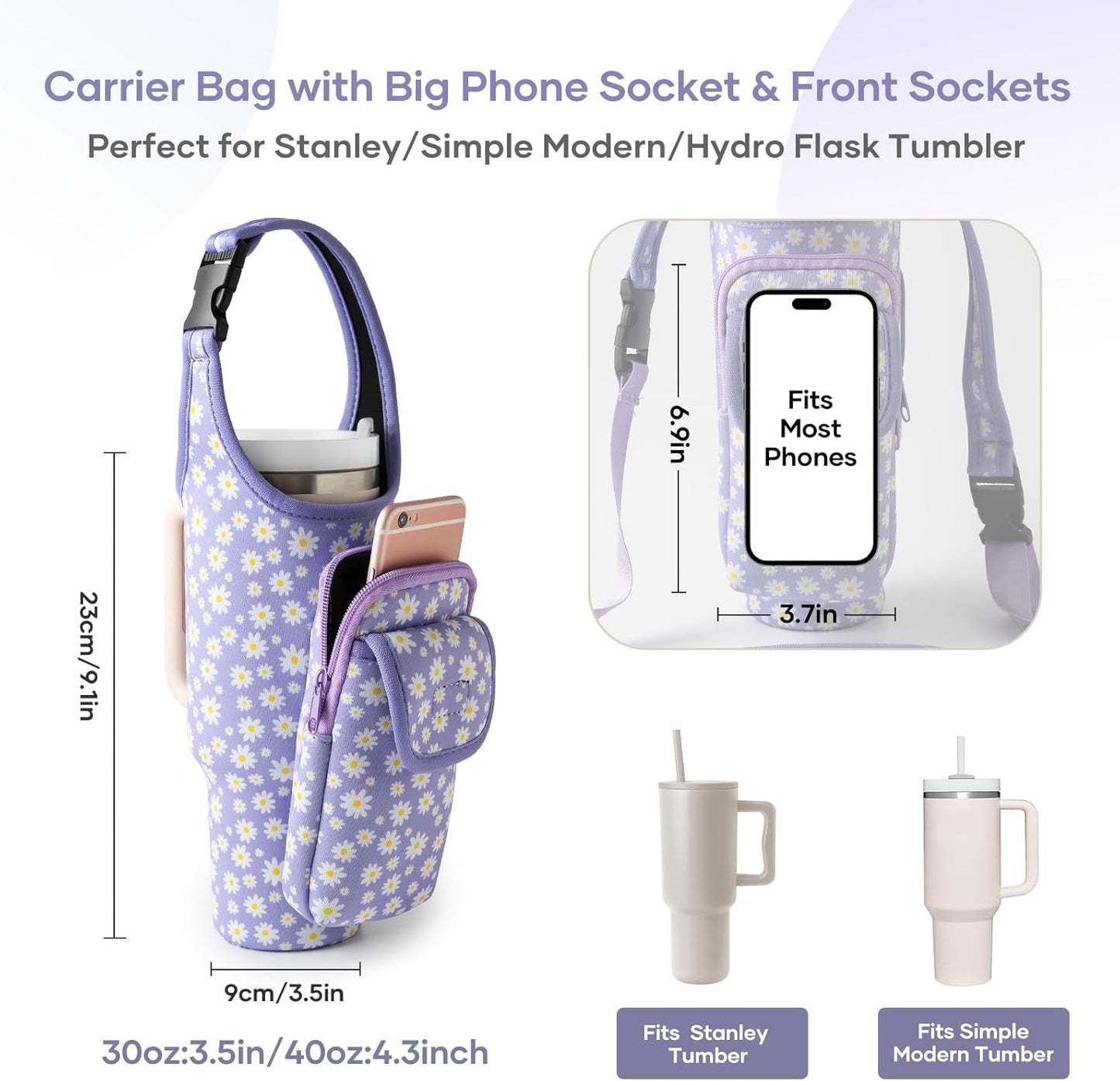 Bufilea Carrier Bag with Phone Holder Pockets for Stanley 40/30oz Tumbler with Handle, Insulated Neoprene Crossbody Bag Cup Holder w/Shoulder & Handheld Straps Fits Stanley Cup Accessories