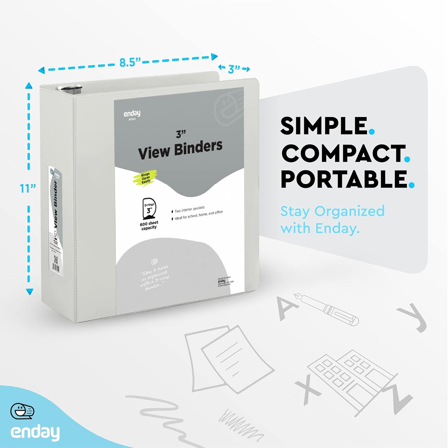 3 Inch Binder 3 Ring Binders Green, Slant D-Ring 3” Clear View Cover with 2 Inside Pockets, Heavy Duty Colored School Supplies Office and Home Binders – By Enday