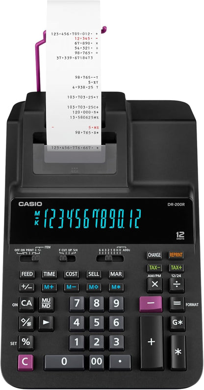 Casio DR-200R-BK Printing Calculator with 2-Color Printing, 12-Digit Front Luminous Display, 4.4 Lines Per Second Speed, Professional Business Functions | Black
