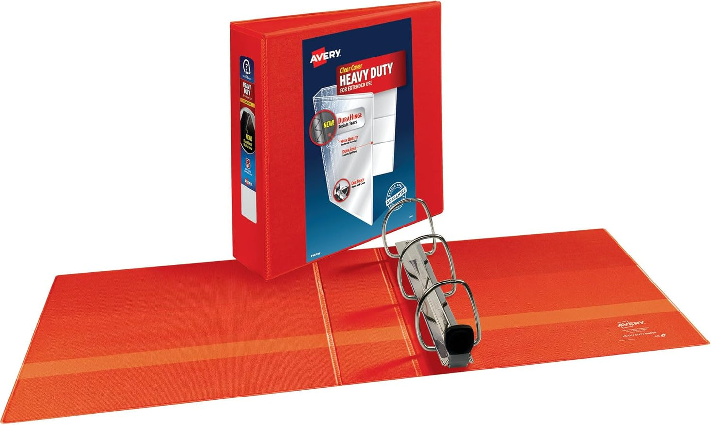 Avery Heavy-Duty View 3 Ring Binder, 3 Inch One Touch EZD Rings, 3.5 Inch Spine, 1 Red Binder (79325)