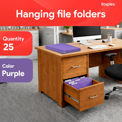 Staples Hanging File Folders, Letter Size, Blue, 5‑Tab, 1/5‑Cut Tabs, Includes Tabs & Inserts – 25/Pack