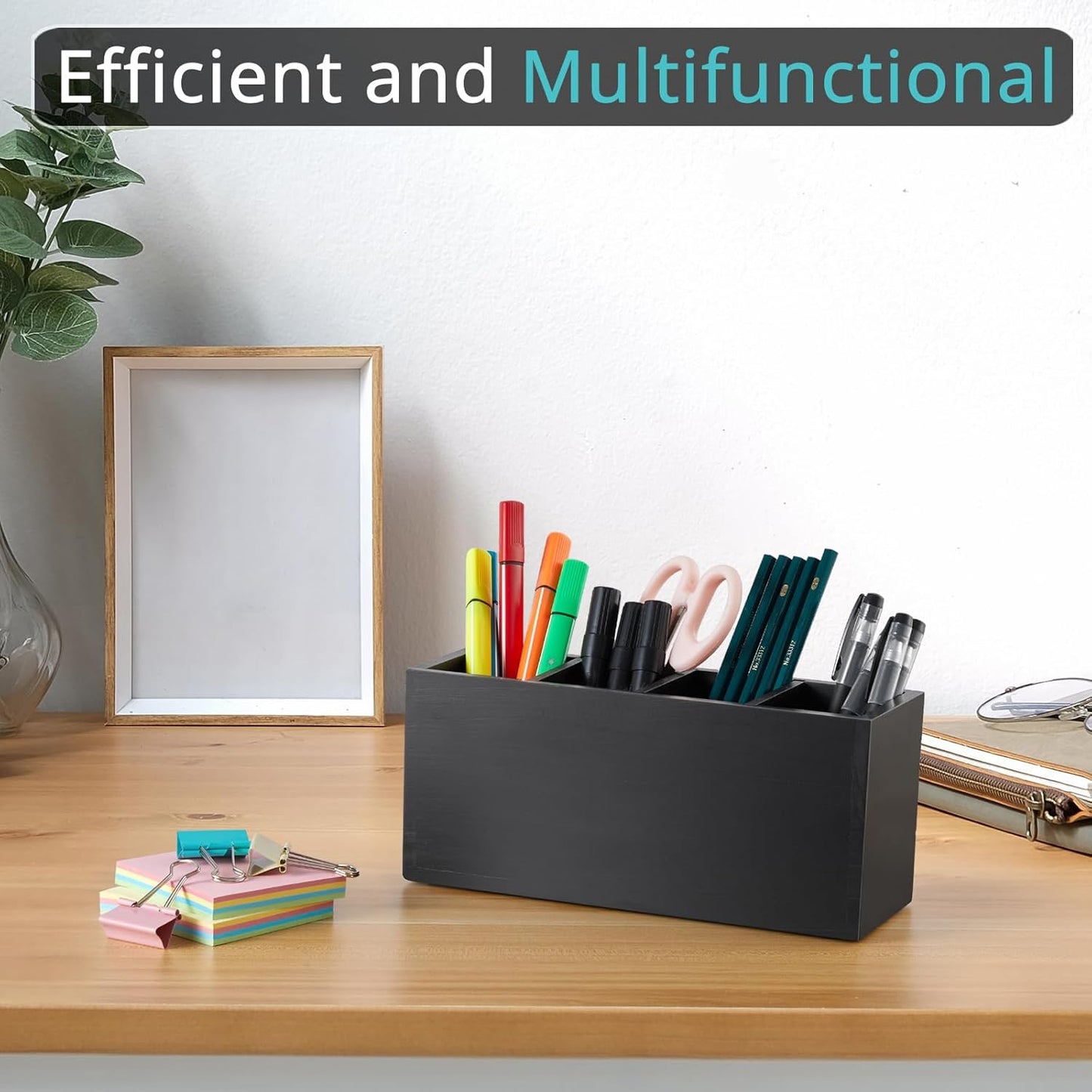 Bivvclaz Pencil Pen Holder for Desk, Wooden Office Desk Organizers and Accessories with 4 Slots for Countertop, Makeup Brush Holder Organizer for Bathroom Vanity, Silverware Caddy for Party, White