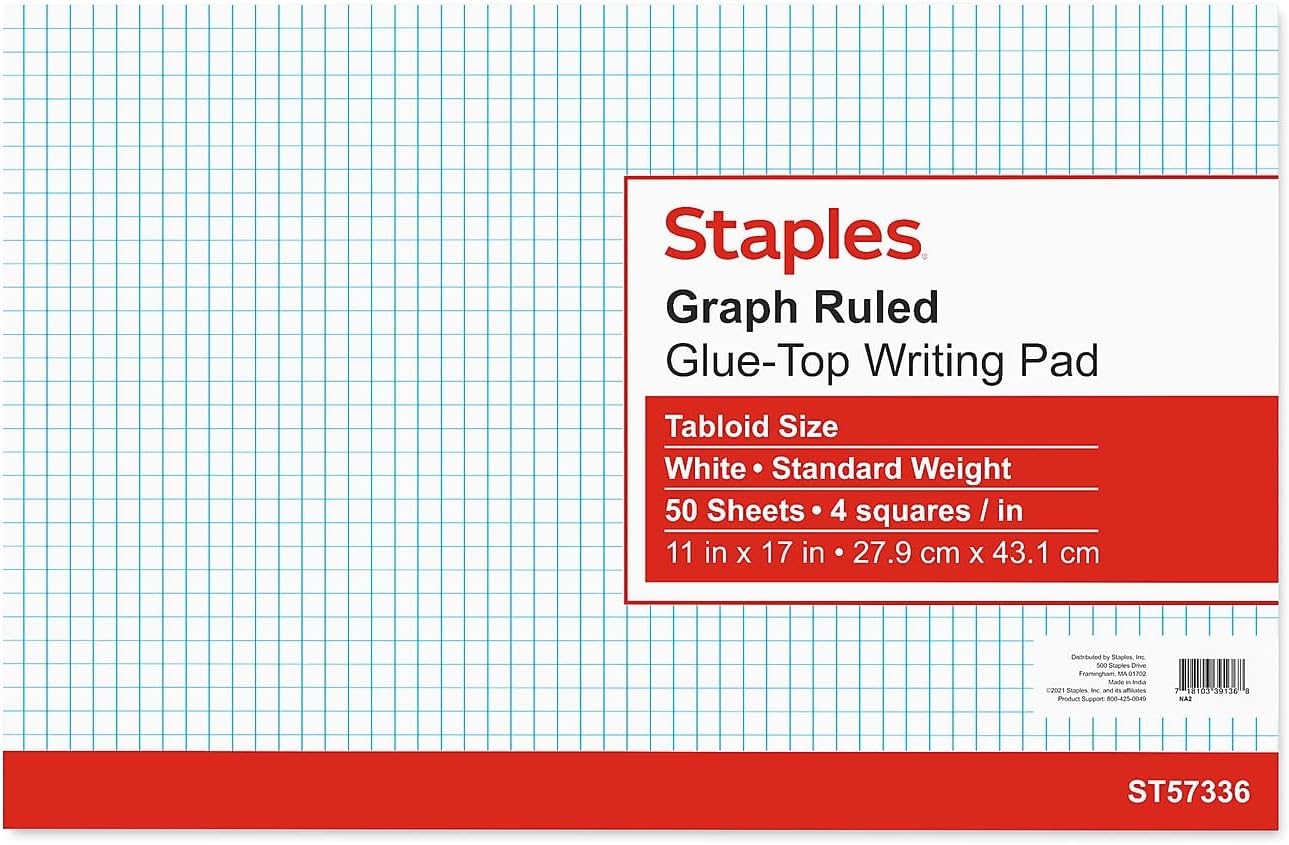 STAPLES Graph Pad, 11” x 17”, Graph Ruled, White, 50 Sheets/Pad