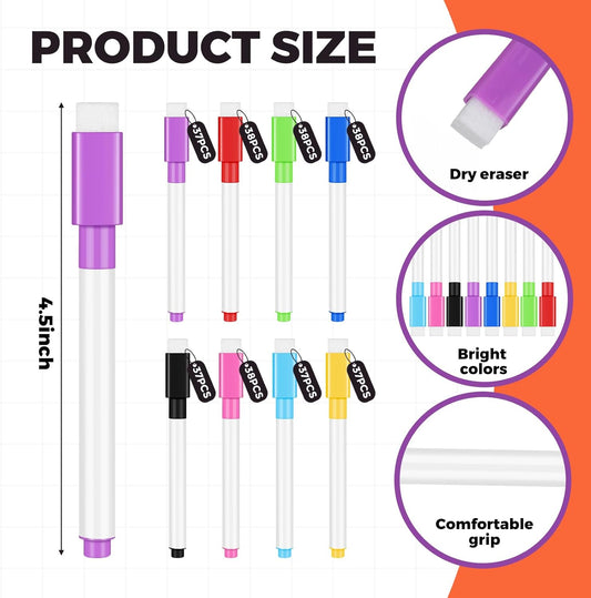 Crtiin 300 Pack Colorful Dry Erase Markers Bulk with Eraser Whiteboard Fine Tip Dry Eraser Pens White Board Marker for Writing on Whiteboard Mirror Glass in School Office Home