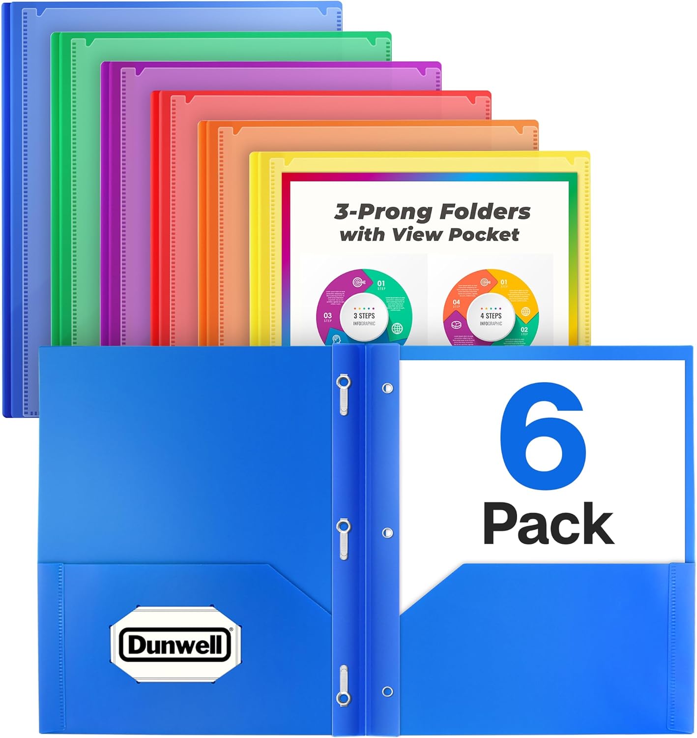 Dunwell 2-Pocket 3-Prong Folders with Clear Front View Pocket, 6 Vibrant Colors, Durable Acid-Free Poly Plastic, 3-Hole Binders with Brads and Pockets, Include Labels