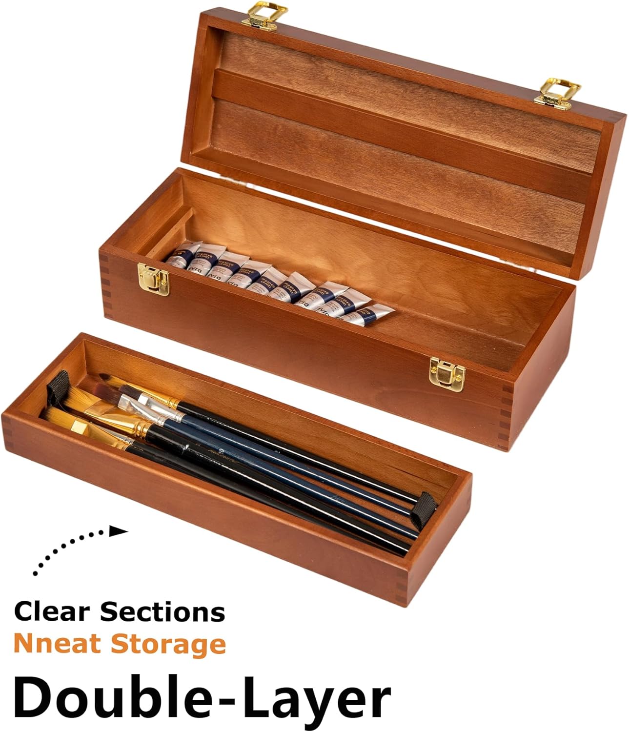 DJAR Multi-Function Artist Tool Box with Locking Clasps, Removable Tray Wooden Art Supply Box for Brushes, Pencils, Erasers,Artist Supplies Storage Organizer, Walnut