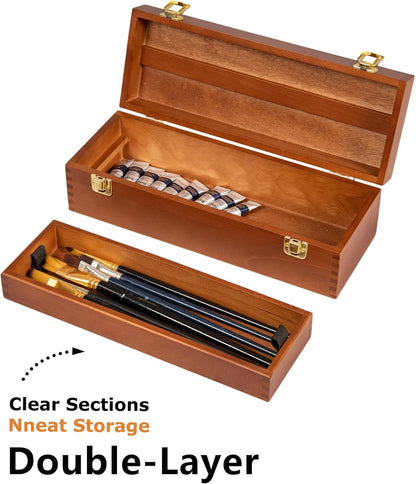 DJAR Multi-Function Artist Tool Box with Locking Clasps, Removable Tray Wooden Art Supply Box for Brushes, Pencils, Erasers,Artist Supplies Storage Organizer, Walnut