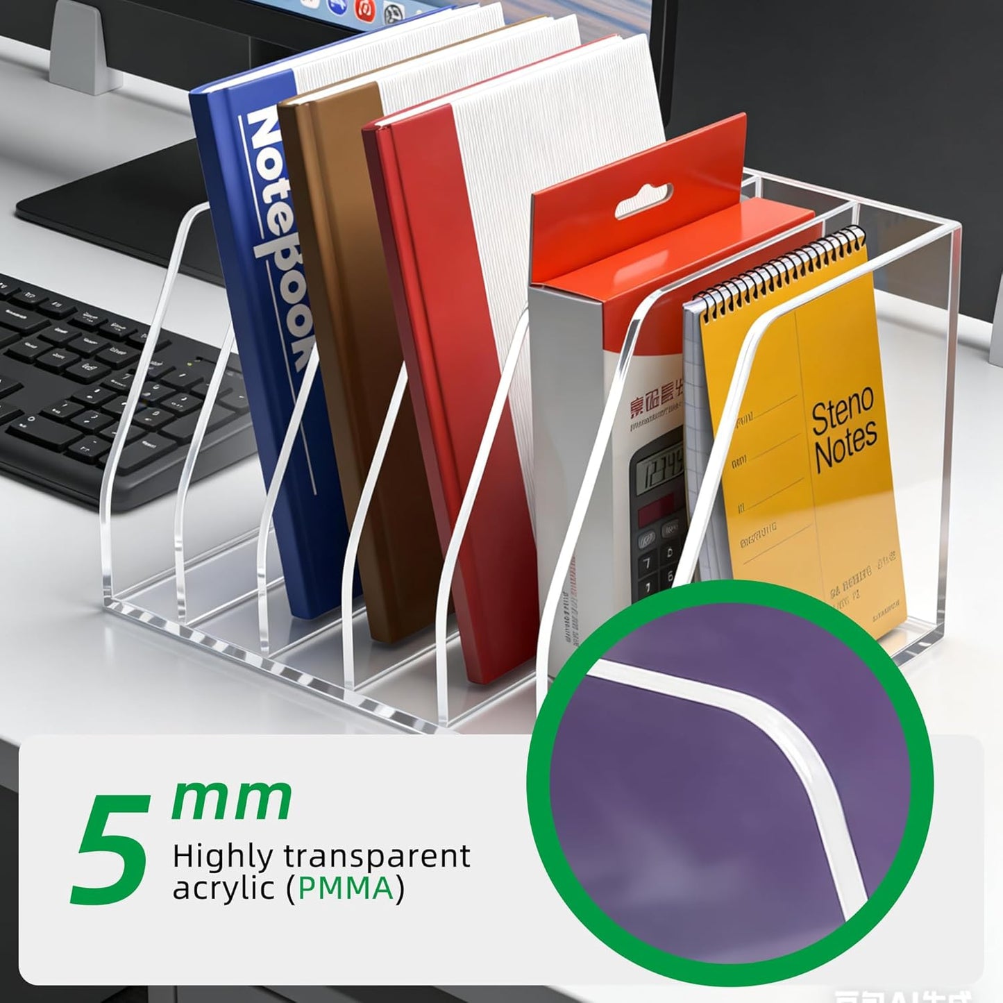 Acrylic Magazine File Holder, 4 Vertical Compartments Desk Document Sorter Organizer, Clear Folder Rack Binder for Office, Tablets, Magazines, Books – Home/Classroom Rack, 5mm Thick