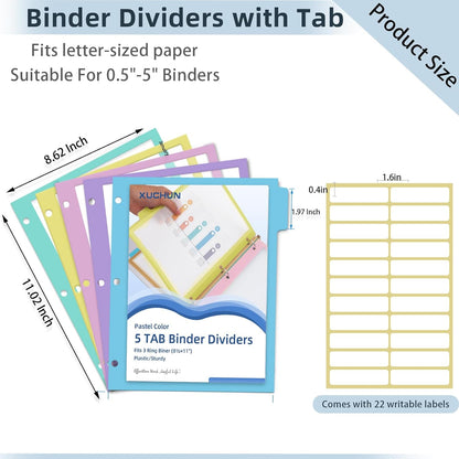 16Pcs/2 Set 8 Tab Dividers, Clear Plastic Binder Dividers with Tabs, for 3 Ring Binder, Letter Size, Multicolor