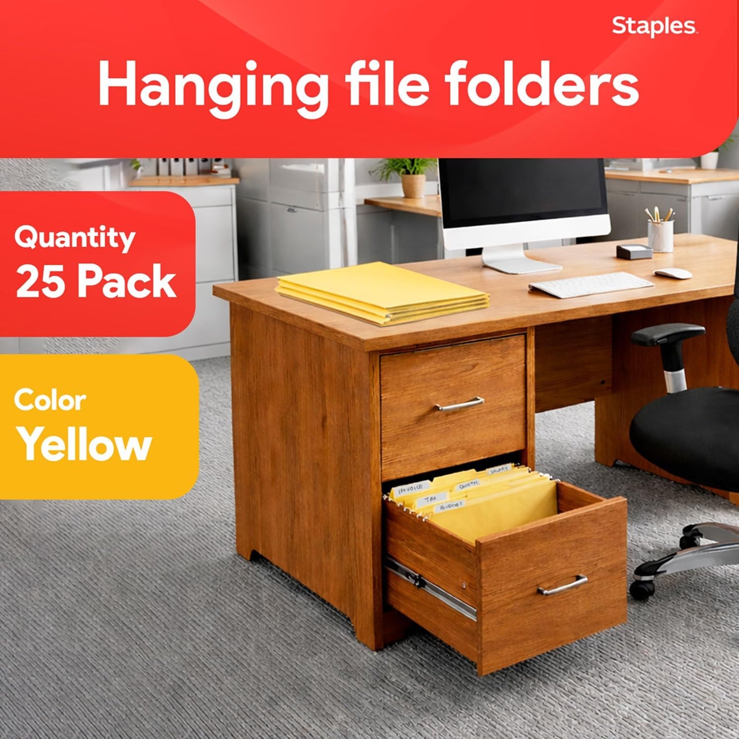 Staples Hanging File Folders, Letter Size, Blue, 5‑Tab, 1/5‑Cut Tabs, Includes Tabs & Inserts – 25/Pack