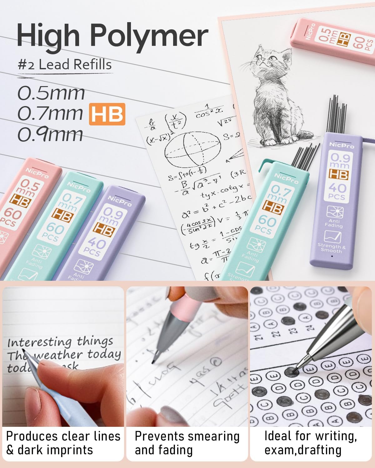 Nicpro 3PCS Cute Mechanical Pencil Set with Case, 0.7 mm Pencils with 6 Tube HB Lead Refill, 3PCS Eraser, 9PCS Eraser Refill for School Supplies Student Writing, Drafting Drawing Sketching