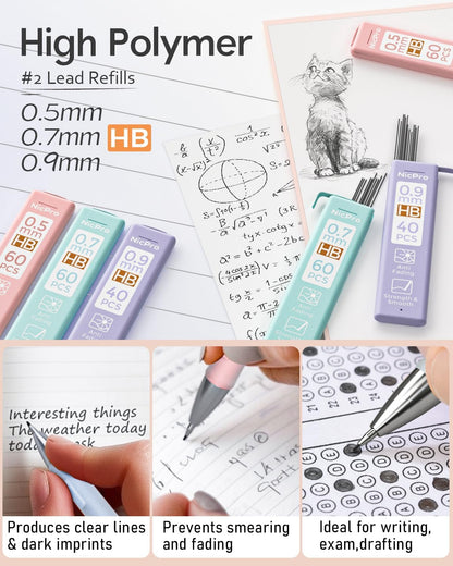 Nicpro 3PCS Cute Mechanical Pencil Set with Case, 0.7 mm Pencils with 6 Tube HB Lead Refill, 3PCS Eraser, 9PCS Eraser Refill for School Supplies Student Writing, Drafting Drawing Sketching