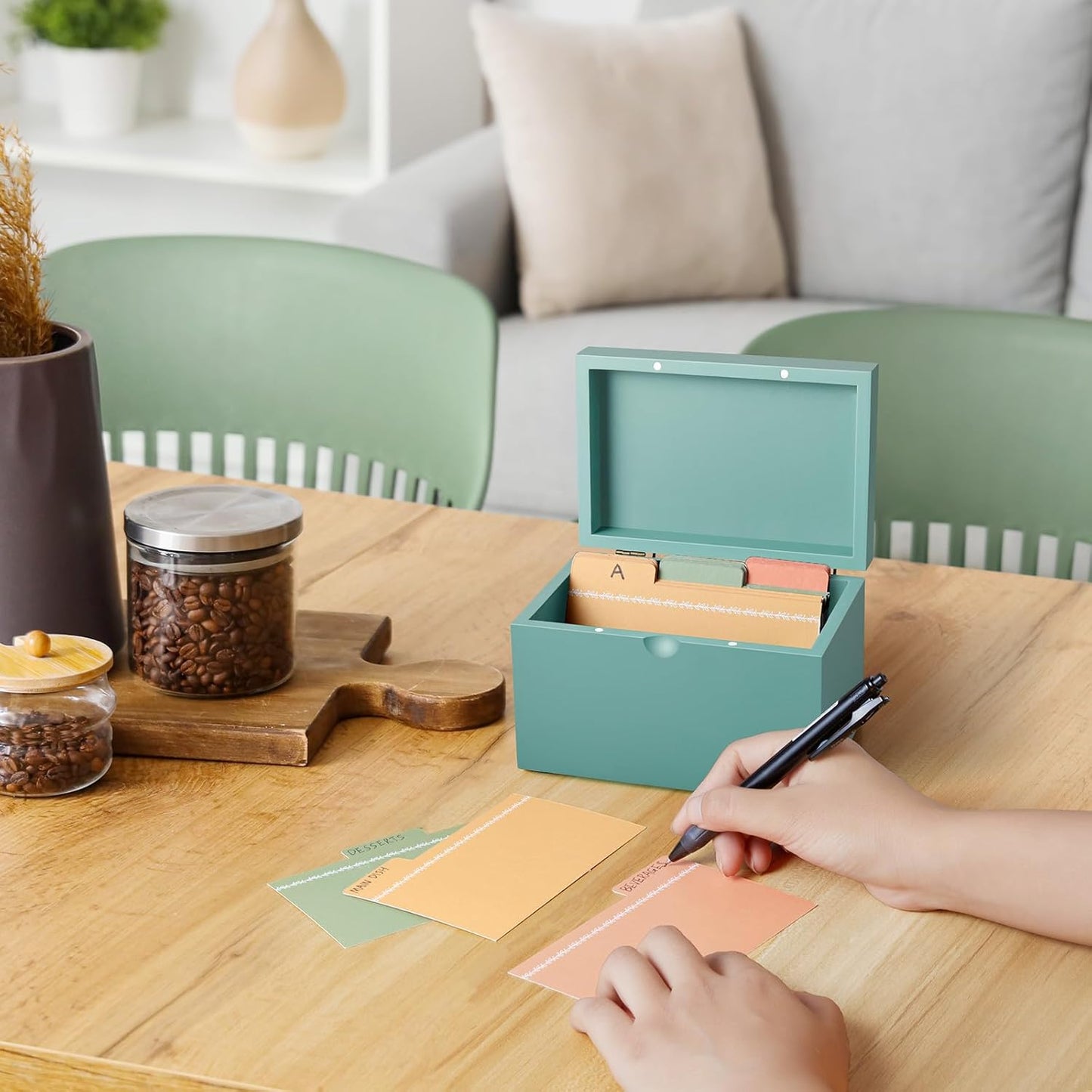 DRASTAR Index Card Holder, 3x5 Index Card Box, Wooden Index Card Organizer with 45 Dividers, Flashcard Notecard Holders for Home Office, Brown