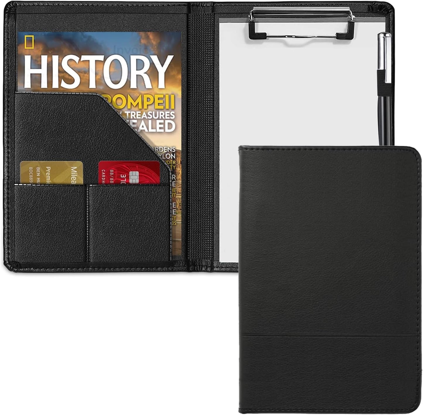 Small Clipboard Padfolio/Portfolio A5 Binder for Writing Pad Refillable 5 x 8 Note Pad, Faux Leather Clipboard Folder Junior Size Portfolio Organizer Folio Clip Board,Black