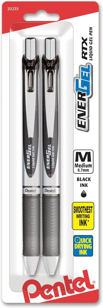 Pentel EnerGel RTX Retractable Liquid Gel Pen, Medium Line, Metal Tip, Pink/Violet Ink, 2-Pack (BL77BP2PV)