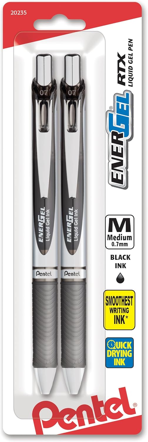 Pentel EnerGel RTX Retractable Liquid Gel Pen, Medium Line, Metal Tip, Pink/Violet Ink, 2-Pack (BL77BP2PV)