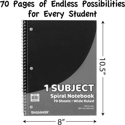 Trail maker Bulk Notebooks (50 Pack), One Subject Notebooks Wide Ruled, 140 Pages (70 Sheets),Spiral Bulk Notebooks for Kids, School Supplies, Journaling, Note Taking, Students, and Work
