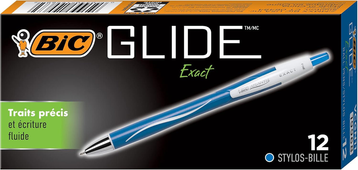 BIC Glide Exact Blue Retractable Ballpoint Pens, Fine Point (0.7mm), 12-Count Pack, Ultra Smooth Writing Blue Pens