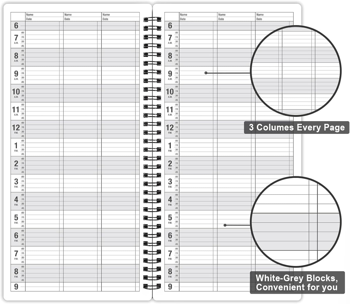 Appointment Book - Undated Salon Appointment Book, Daily & Hourly Schedule Book with 200 Pages, 6 AM - 9 PM, 15 Minute Intervals Day Planner, 6" x 11.5", 3 Column, Twin-Wire Binding, Hardcover