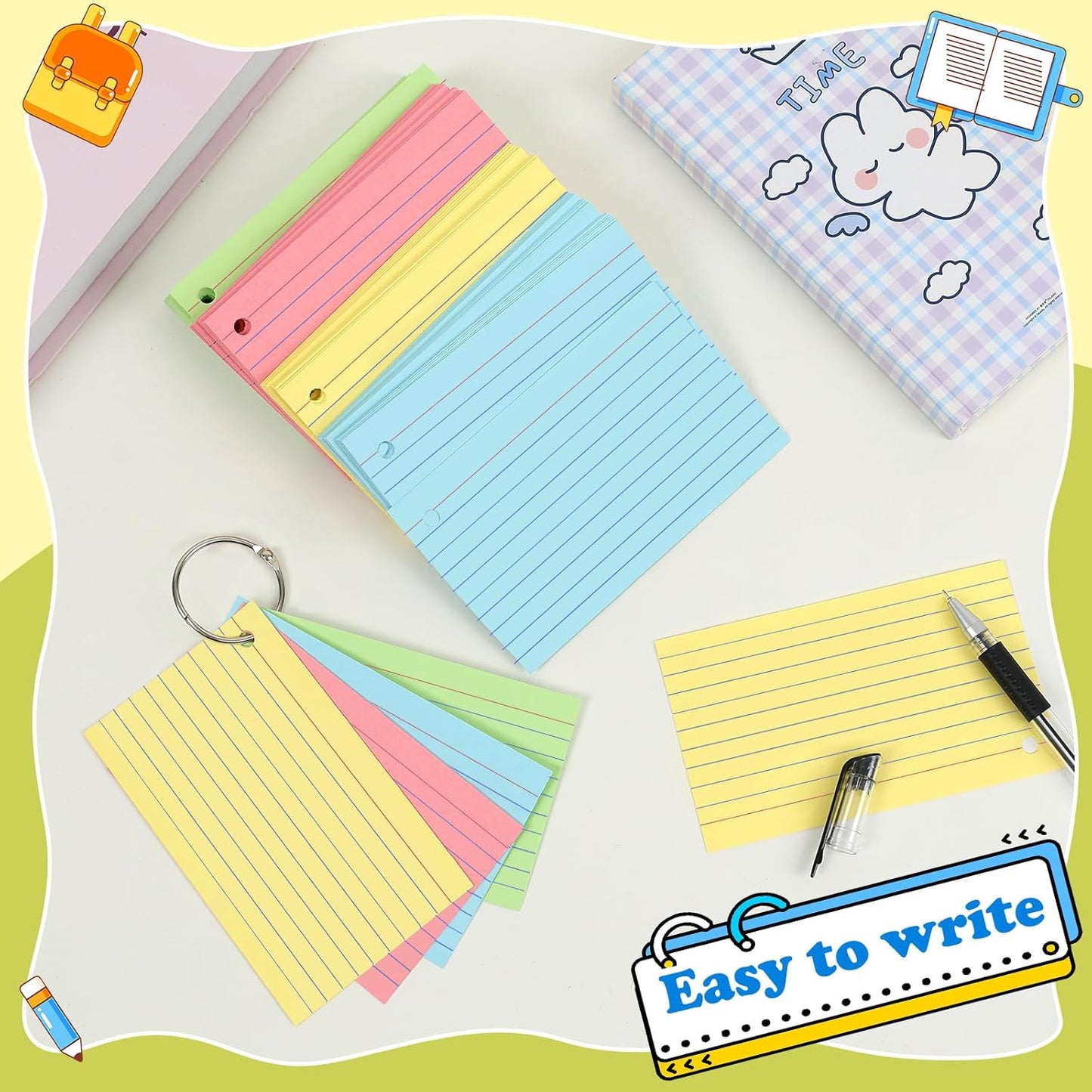 Colored Index Cards 3x5 Inch Heavyweight Flash Cards with Ring Lined Flashcards Note Cards for Studying School Supplies College, 200 Count
